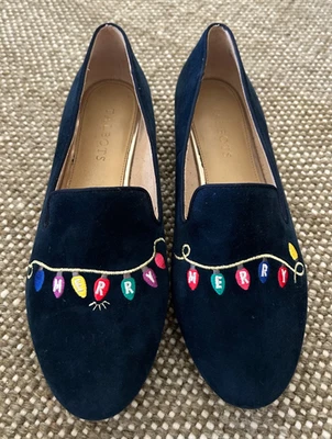 Usado en Excelente Condición Talbots Bordado Gamuza FELIZ Navidad Mocasines Zapatos Tacón Dorado - Talla 8 Foto 1 de 4