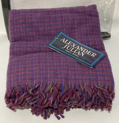 NOS Alexander Julian 100% 羊毛翻领毯 52 x 72 格子紫色/蓝色复古 — 第 1/4 张图片