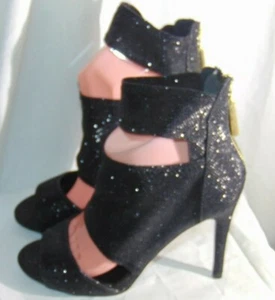Nwb Size 7.5m Qupid Grammy-94 Black Glitter Open Toe Zip n Back Stiletto Sandals - Picture 1 of 4
