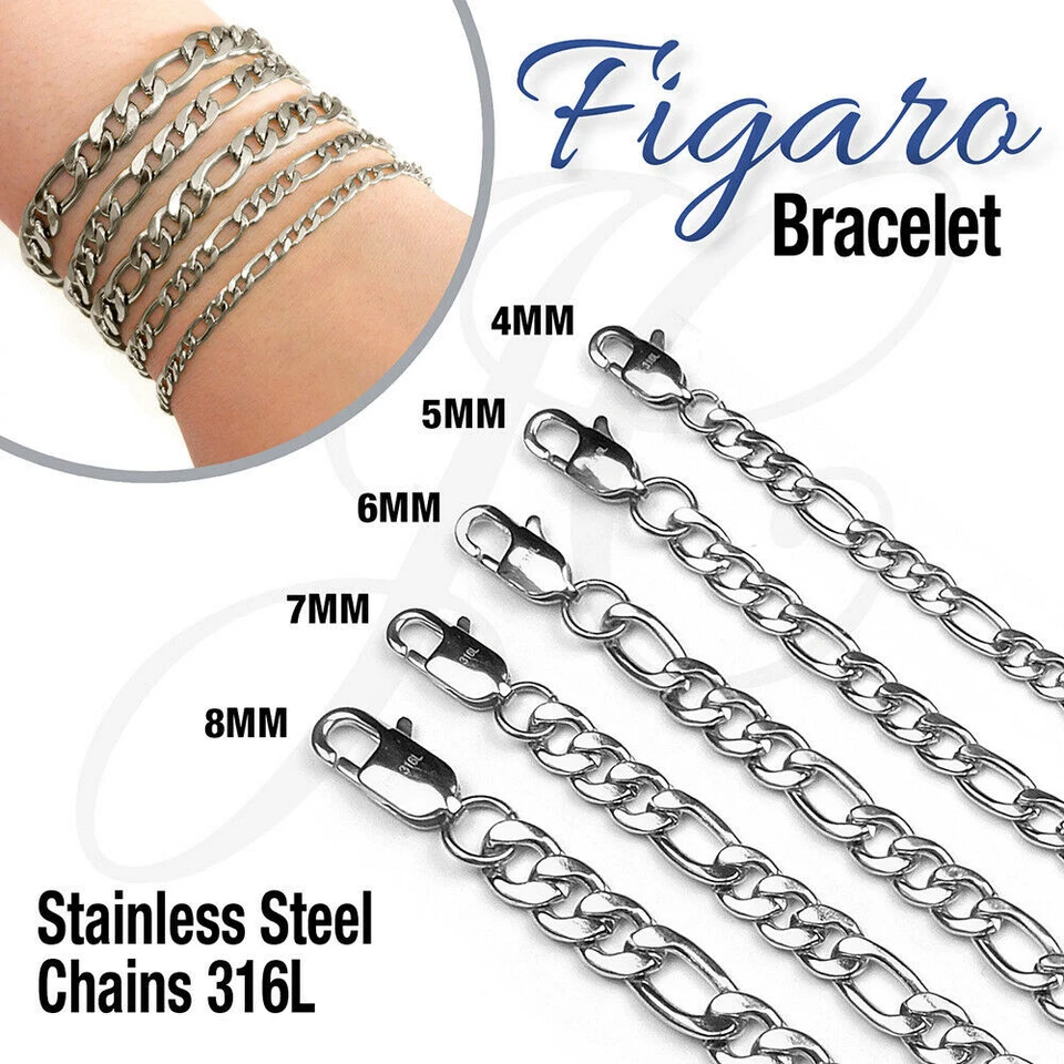 Pulsera de eslabones de cadena Figaro de acero inoxidable 316L para hombre y mujer color plata brillante Foto 1 de 1