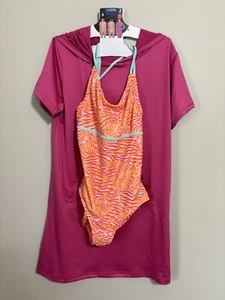 Spyder Swim Set Girls Large 12-14 Pink Hooded Coverup One Piece Swimsuit 30+UPF - Picture 1 of 9