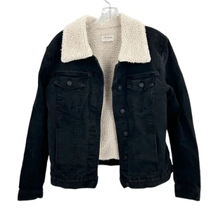Pacsun Women’s Black Denim Jacket Size Medium Fleece Distressed Retro Boho 90s - Picture 1 of 11
