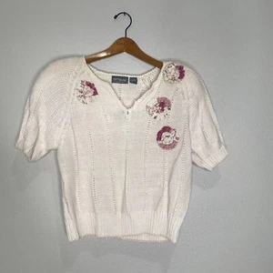 Vtg Yarnworks Cream Sweater Flowers Large RN 11035 Ramie Cotton Cable Knit - Picture 1 of 13