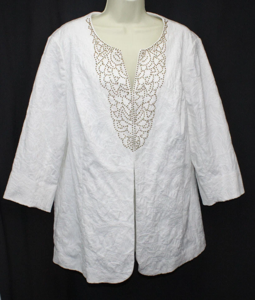 Jones New York Woman Blazer Jacket White Texture Beaded Detail Long Cotton 2X - Image 1 of 4