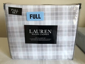 NWT RALPH LAUREN Brownish Gray/Light Blue Plaid FULL SHEET SET 100% COTTON - Picture 1 of 21