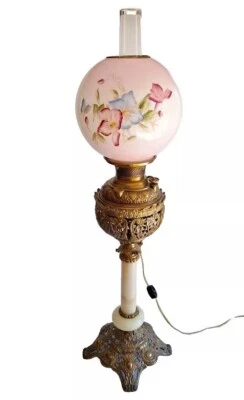Antique Miller The Meteor Oil Lamp Brass White Onyx Electrified With Glass Globe - Image 1 of 4