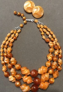 Vtg W German Marbled Orange Molded Plastic Knotted Necklace & Earrings-Estate - Picture 1 of 5