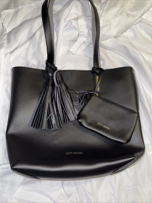 Bolso de Mano JOY & IMAN Borla Cuero Real con Inserto de Tela, Negro Foto 1 de 4