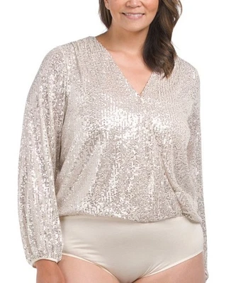 GILLI Plus 2X Body Lentejuelas Manga Larga Sobrepelliz Cuello en V Beige Frente a Presión Foto 1 de 4