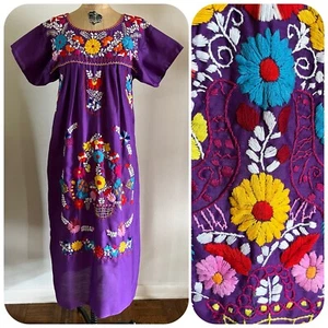 70s Mexican Huipil Dress Colorful Heavily Embroidered Floral Birds Oaxacan VTG - Picture 1 of 20