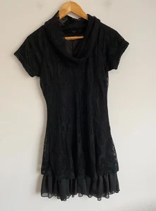 Filo Dress Womens Size 10 Black Mesh Cowl Neck Short Sleeve Frill Hem Lined - Picture 1 of 7