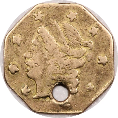 25 centavos octogonales de oro fraccional California 1871, muy finos con agujeros en estado bastante bueno, BG-717 R3 Foto 1 de 2