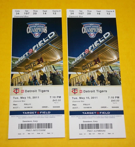 Minnesota Twins Ticket Stub | May 10 2011 | Miguel Cabrera Hit Rene Tosoni HR Cover