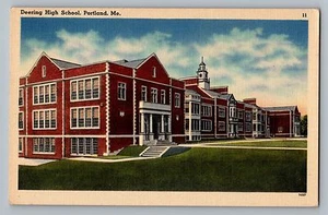 Portland Maine ME Deering High School Gebäude Leinen Postkarte 1930-45 - Bild 1 von 2