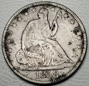 1858 MEDIO DÓLAR SENTADO -.900 PLATA - KM A68-XF - ENVÍO GRATUITO EE. UU. - 50c - Imagen 1 de 2