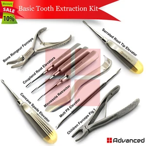 9Pcs Minor Tooth Extraction Kit Luxating Root Elevators Bone Forceps & Retractor - Picture 1 of 8