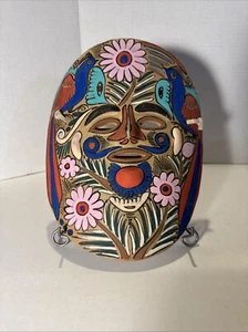 Vtg Redware Hand Painted Mask Blue Birds Pink Flowers - Picture 1 of 4