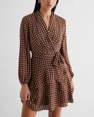 NWT Express Print Collared Long Sleeve Tie Waist Tiered Mini Dress XS Brown - Image 1 of 4