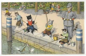 MAINZER,HARTUNG DRESSED CATS~#4742 FISHING IN THE PARK-SWITZERLAND - Picture 1 of 1