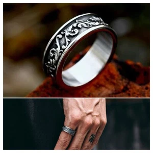 Vintage Titanium Simple Fashionable Branch Leaf Stainless Steel Ring Men Gift Au - Picture 1 of 4