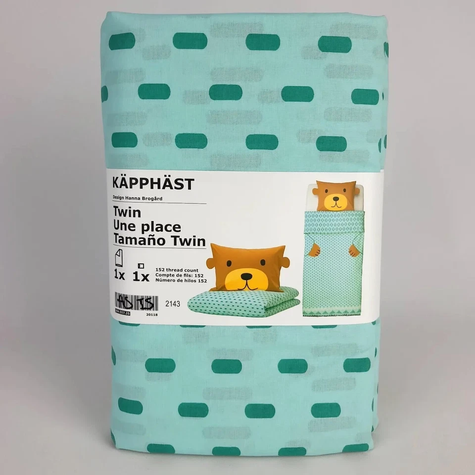 IKEA Kapphast Twin Duvet Cover & Pillowcase Bear Turquoise 204.557.25 -