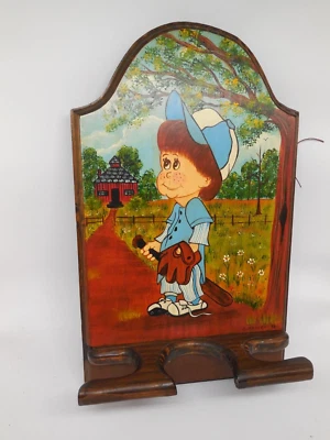1G1 Vintage Big Eyes Boy Playing Baseball Painting On Wood Coat Rack - Image 1 of 4