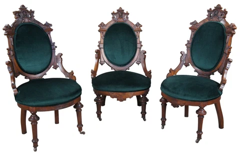 3 Antique Renaissance Revival Walnut Burl Carved Balloon Back Parlor Side Chairs Cover