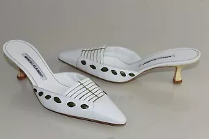 Nuevo Manolo Blahnik Blanco Verde Nikan Deslizar Mulas Gatito Zapatos de Tacón - Imagen 1 de 6