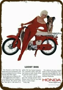 Honda 50 1963 motocicleta sexy mujer y perro aspecto de colección réplica decorativa de letrero de metal - Imagen 1 de 1