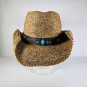 Peter Grimm Straw Fiber Women’s Cowboy Hat One Size Turquoise Stones On Band