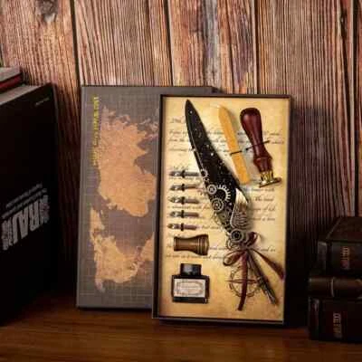 New Vintage Look Mechanical Gear BLACK Feather Quill Pen Calligraphy Gift Set - image 1 of 4
