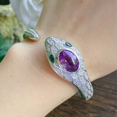 New Classical Snake Purple Amethyst Gemstone Women Silver Bangle Bracelets - Image 1 of 4