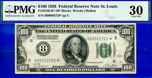 1928 $100 Federal Reserve Note - PMG 30 - 16 known St. Louis Star - Fr 2150-H* - Picture 1 of 3