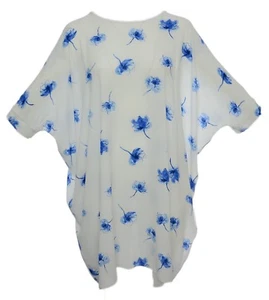 Womens White Blue Floral Oversize Kaftan Maxi Long Top Loose Fit Dress Plus Size - Foto 1 di 3