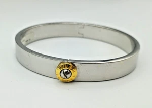 Beautiful Vintage Henri Bendel Stainless Steel Hinged Push Button Logo Bangle - Picture 1 of 5