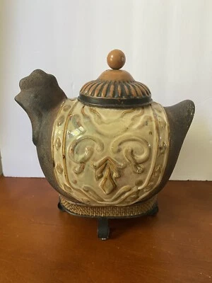 Ceramic Chicken Rooster on Metal Base with Metal Tin Lid Country Decor - Image 1 of 4