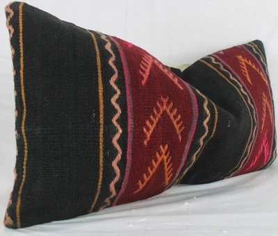 Funda Almohada Lumbar Kilim Turco Decorativa Roja Negra 12x24 Rosa Kilim Cojín Foto 1 de 4
