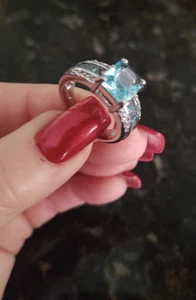 10K MASSIVES WEISSGOLD 2 CT. AQUAMARIN & 16 DIAMANTEN 5,8 GRAMM, RINGGRÖSSE 7,5 - Bild 1 von 5