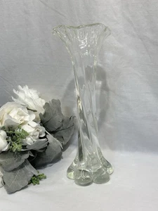 Vintage Clear Glass 11” Flower Vase Bubble Glass Twisted and Hand Blown, Swung - Picture 1 of 12