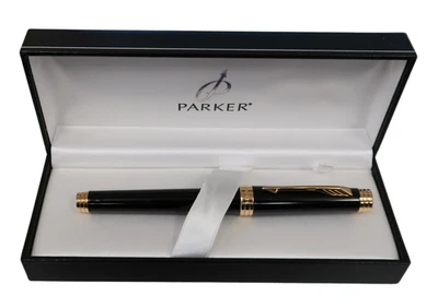 Caneta-tinteiro Parker Premier preta e dourada fina Pt ouro 18kT nova na caixa França - Imagem 1 de 3