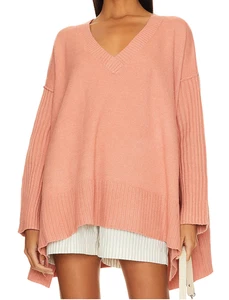 Free People Sweater Small Rose Pink V-Neck Side Slits Slouchy Oversized-To-XXL - Picture 1 of 13