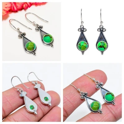 Copper Green Turquoise Earring 925 Sterling Silver Oxidised Tribal Jewelry Gifts - Image 1 of 4