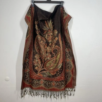 Paisley Floral Fringed Scarf Brown Gold Festival Artsy Hippie Boho Glitter - Image 1 of 4