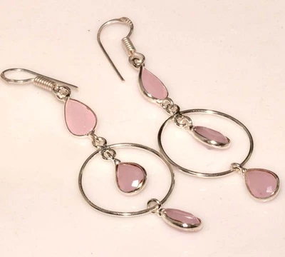 Brincos femininos feitos à mão folheados a prata 925 calcedônia rosa 2,6" presentes GW - Imagem 1 de 3