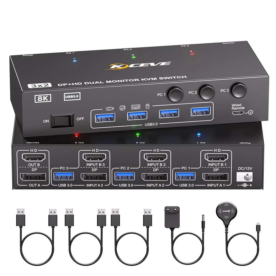 8K@60Hz HDMI DisplayPort Switch 3 PC auf 2 Monitore mit 4 USB Ports Netzteil - Bild 1 von 4