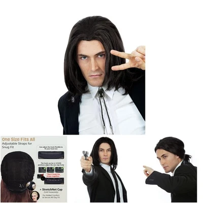 Peluca Hitman negra para hombre cola de caballo años 90 película de acción disfraces disfraz de Halloween Foto 1 de 4