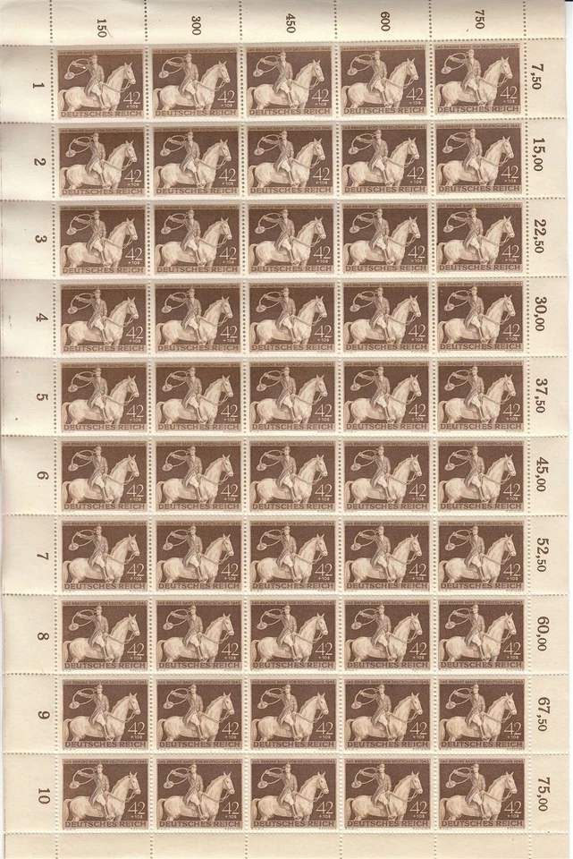 Stamp Germany Mi 854 Sc B243 Sheet 1943 WWII Reich Horse Munich Brown Ribbon MNH - Image 1 of 1