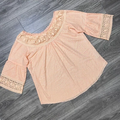 Soft Surroundings 橙色衬衫 3/4 喇叭袖花卉钩针娃娃上衣 L — 第 1/4 张图片