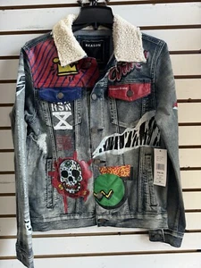 Neu Herren REASON Marke Distressed Allover-Druck Jeansjacke mit Sherpa-Kragen SML - Bild 1 von 7