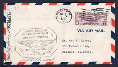 USA Rockford 1930 First Flight Cover Signed by Postmaster & Pilot Walter Bullock - Image 1 of 2